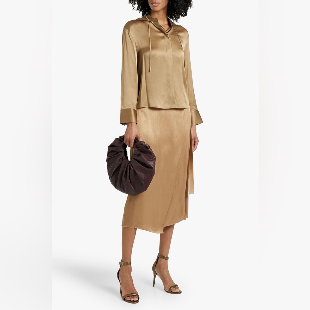 NEW VINCE. Wrap-Effect Satin Midi Skirt- Sand (Size 4) - Picture 2 of 7